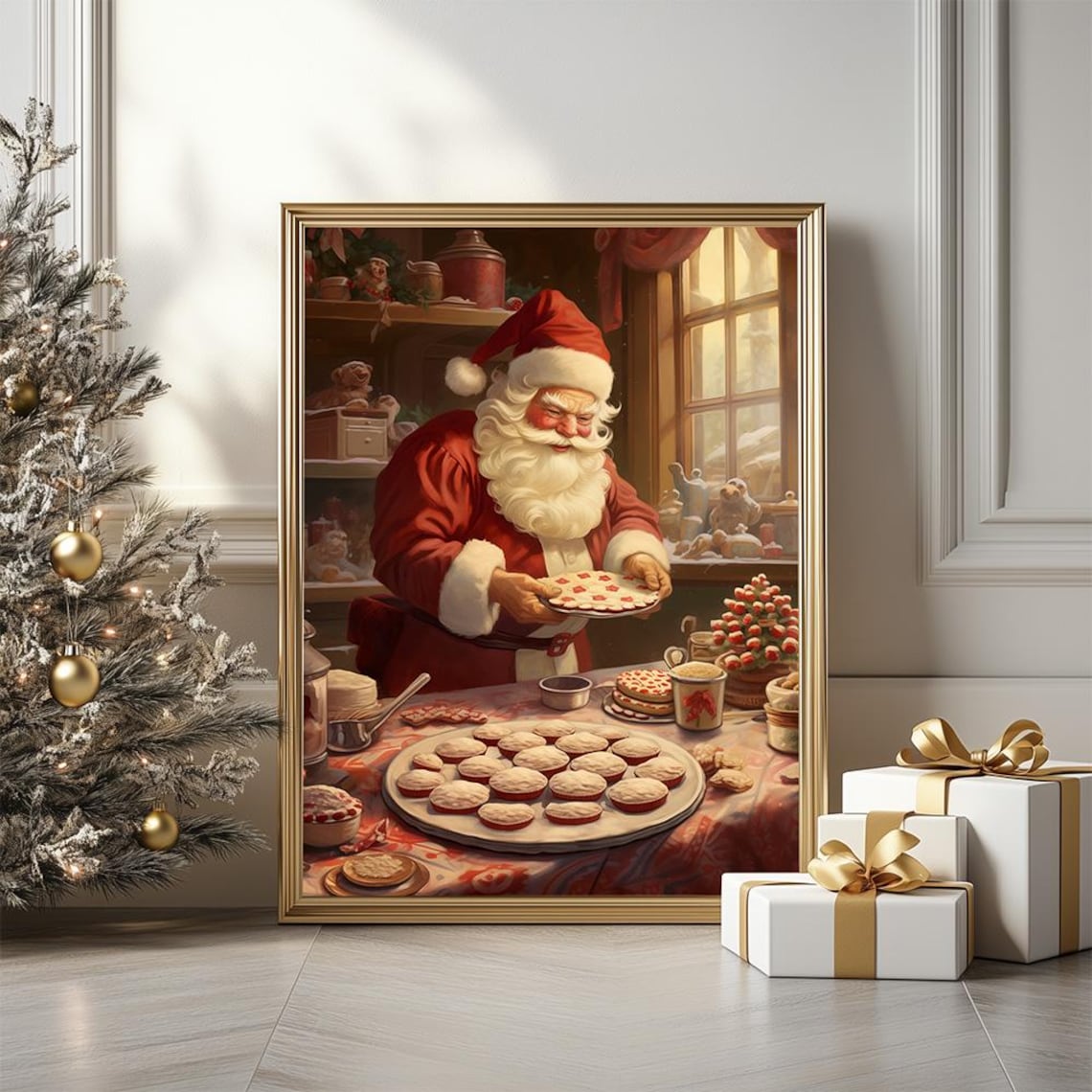 Santa Claus Baking Christmas Cookies Cozy Cottage Kitchen Poster