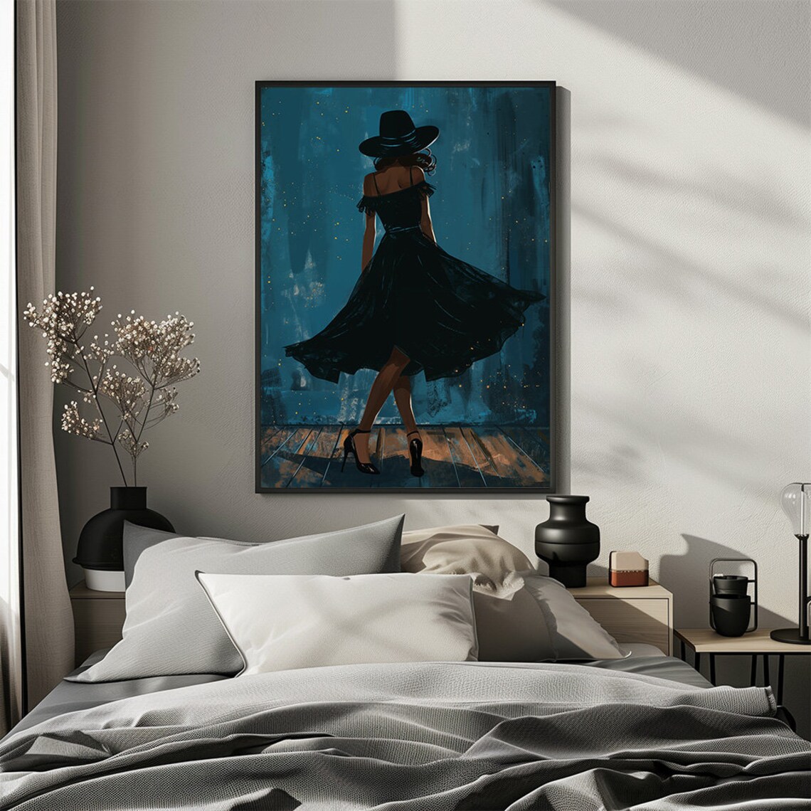 Elegant Woman Black Dress Dancing Teal Moody Fashion Art Poster - Image 2