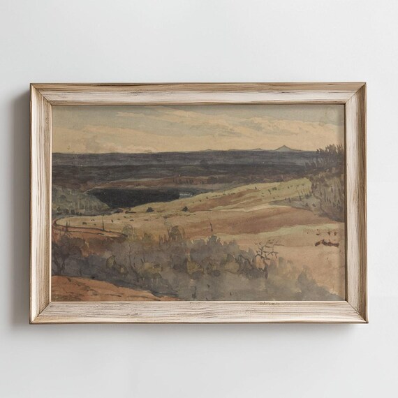 Vintage Watercolor Rolling Hills, Distant Mountains