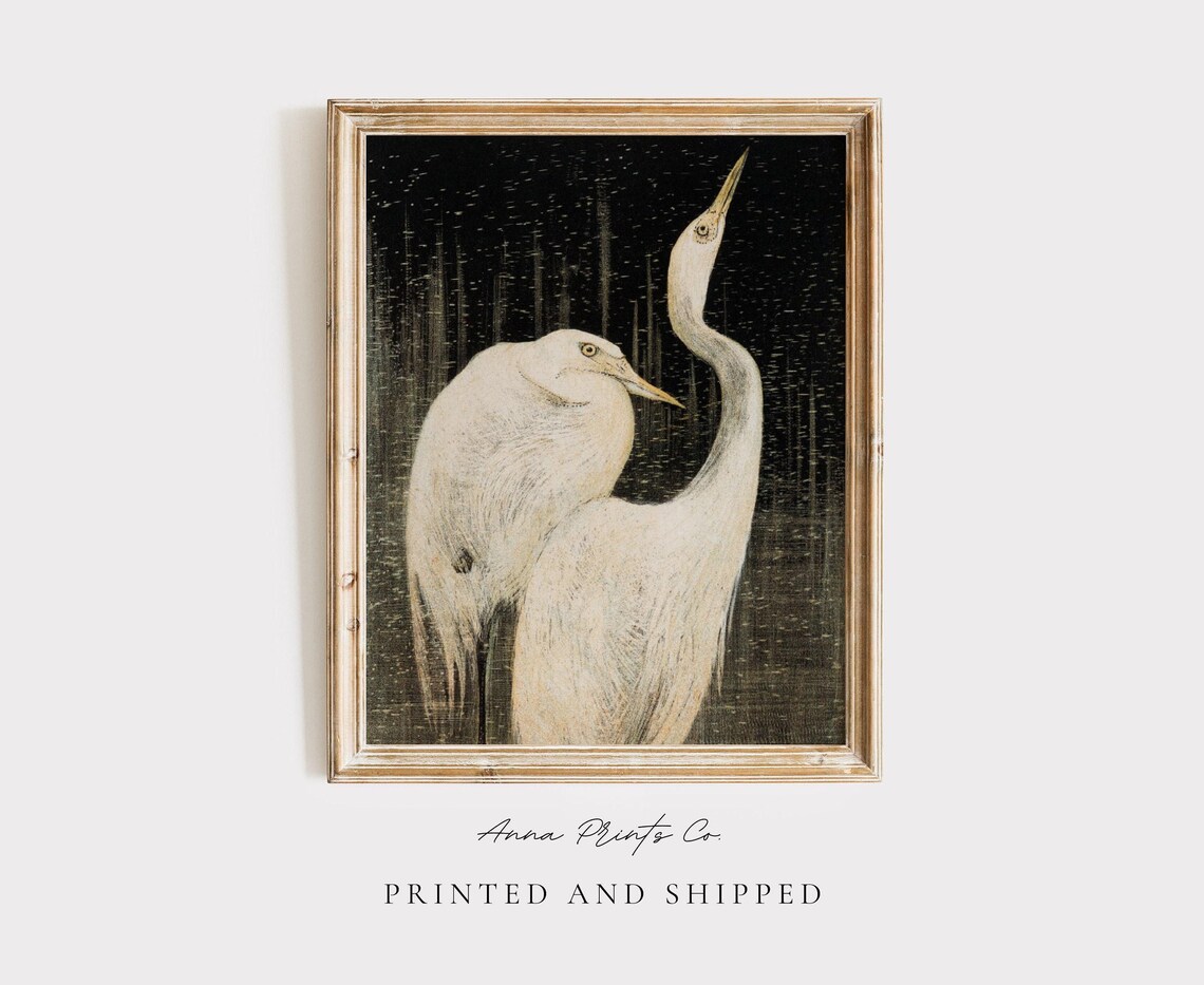 Two Egrets Antique Illustration, Dark Academia Art Print