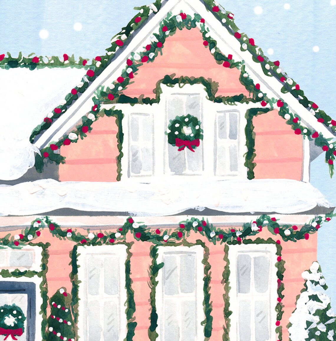 Snowy Pink Christmas House Garland Gouache Holiday Art Poster - Image 4