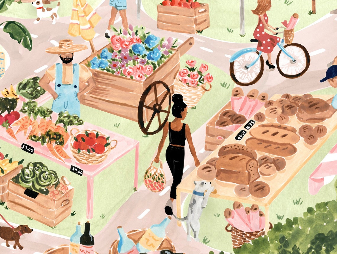 Farmers Market Art Print Kitchen Wall Art Dining Room Art Food Market Illustration Watercolor Gouache Painting - Image 2