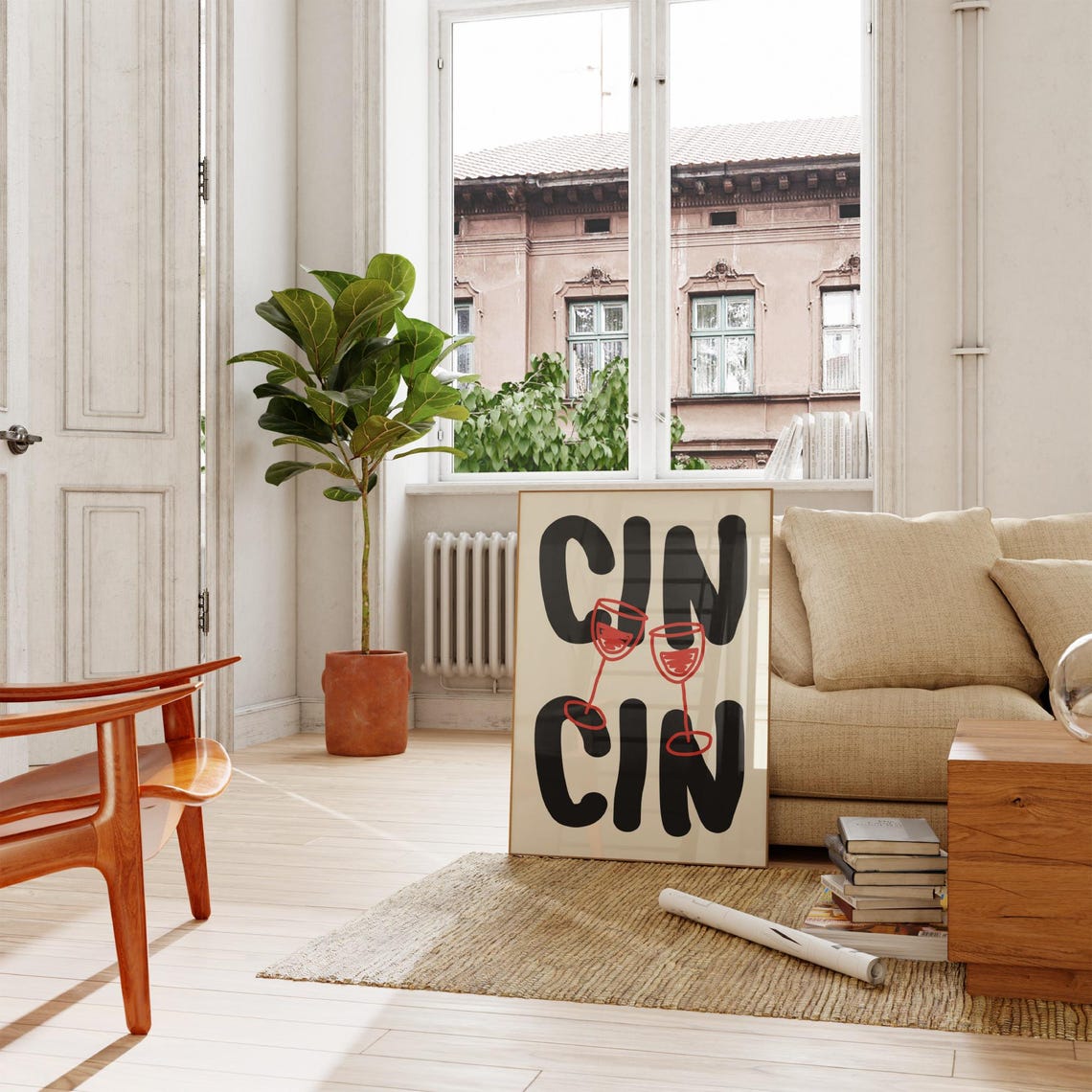 Cin Cin Bold Black Letters Red Wine Glasses Bar Cart Wall Poster - Image 4