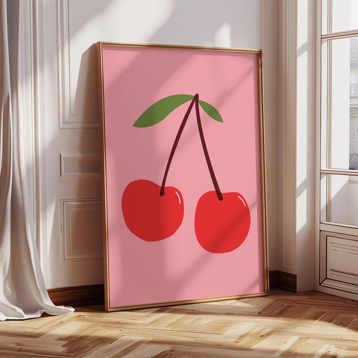 Red Cherry Pair Minimalist Pink Background Fruit Wall Decor Poster - Image 4