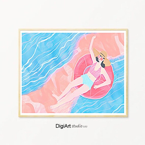 Woman Floating on Pink Pool Float Summer Aerial Beach Poster