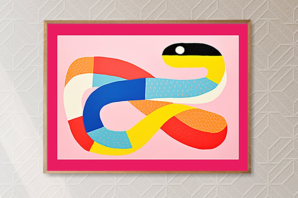 Abstract Rainbow Snake Pink Background Playful Serpent Art Poster