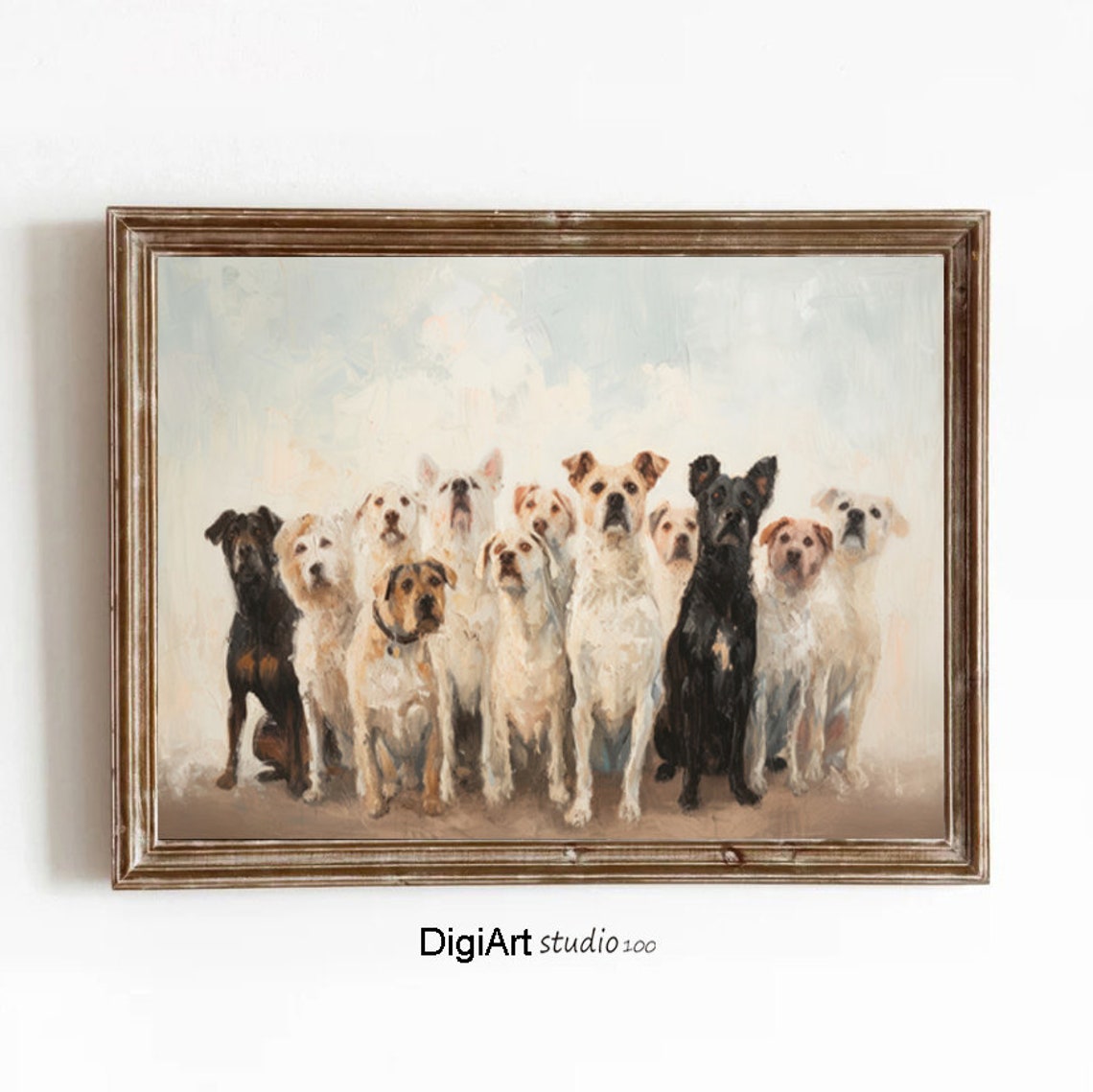 Group Of Happy Dogs Oil Painting Rustic Pet Lover Pack Poster