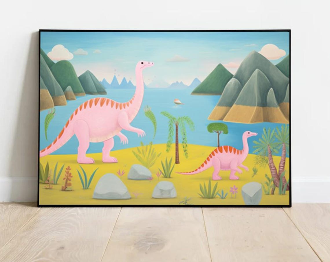 Pink Dinosaurs Island Lake Mountains Kids Nursery Decor Poster