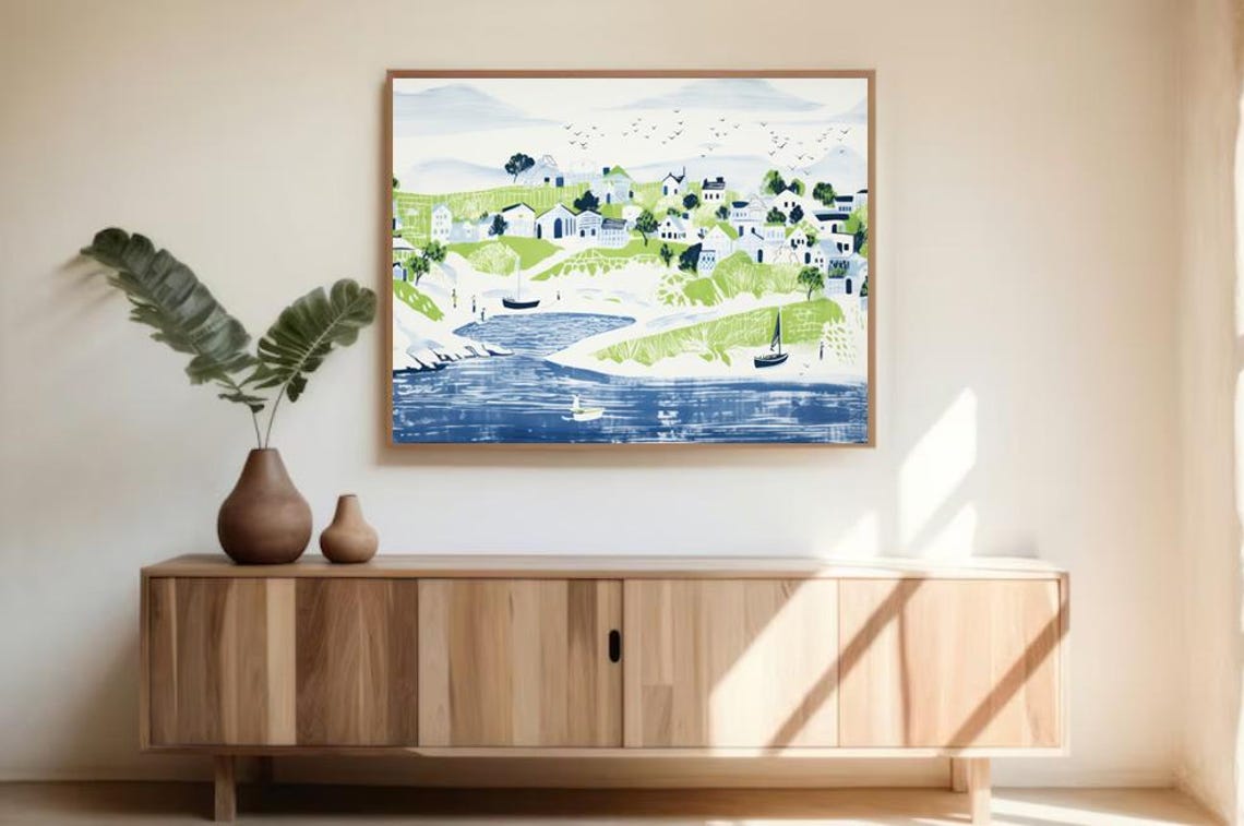 Coastal Village Green Hills Blue Harbor Illustration Art Poster - Image 4