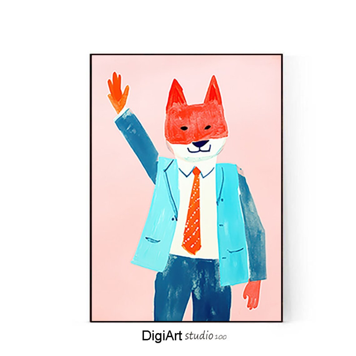 Dapper Fox Blue Blazer Orange Tie Waving Funny Suit Animal Art Poster