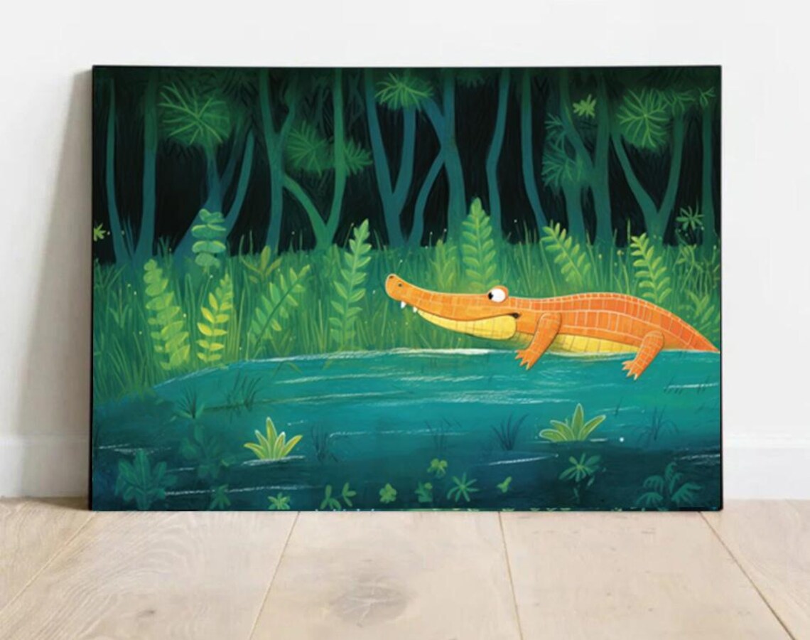 Cute Crocodile in Jungle Pond Kids Safari Animal Illustration Poster