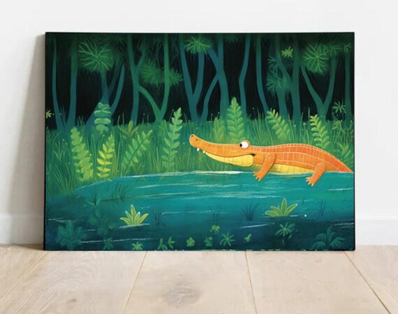 Cute Crocodile in Jungle Pond Kids Safari Animal Illustration Poster