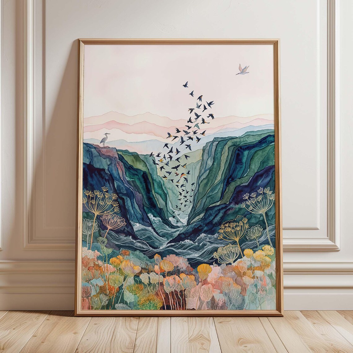 Mountain Valley Bird Flock Wildflower Watercolor Landscape Wall Art