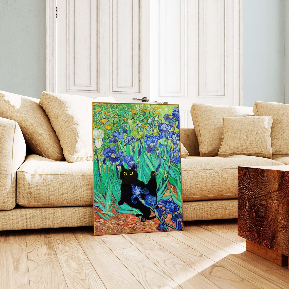 Black Cat Lounging Among Van Gogh Irises in a Funny Floral Art Poster - Image 4