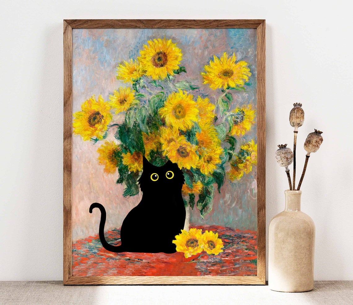 Monet Sunflowers With Black Cat Sitting By Yellow Vase Poster