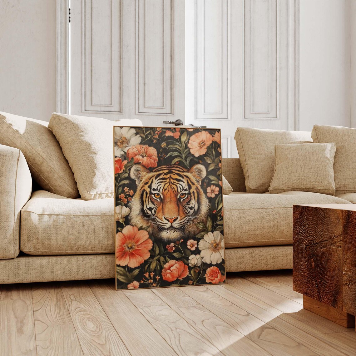 Tiger Portrait In Dark Floral Garden Morris Inspired Orange Blooms Poster - Image 4