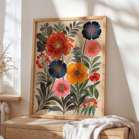 Colorful Floral Wall Art Print Botanical Flower Poster Folk Garden Decor Vintage Maximalist Artwork