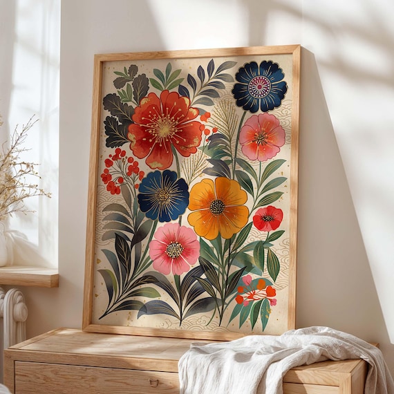 Vintage Maximalist Garden Bouquet Red Orange Blue Folk Art Poster
