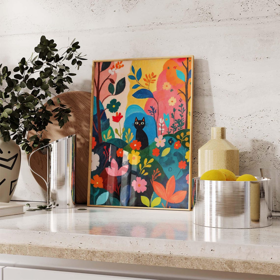 Black Cat In A Bold Matisse Style Colorful Flower Garden Poster - Image 2