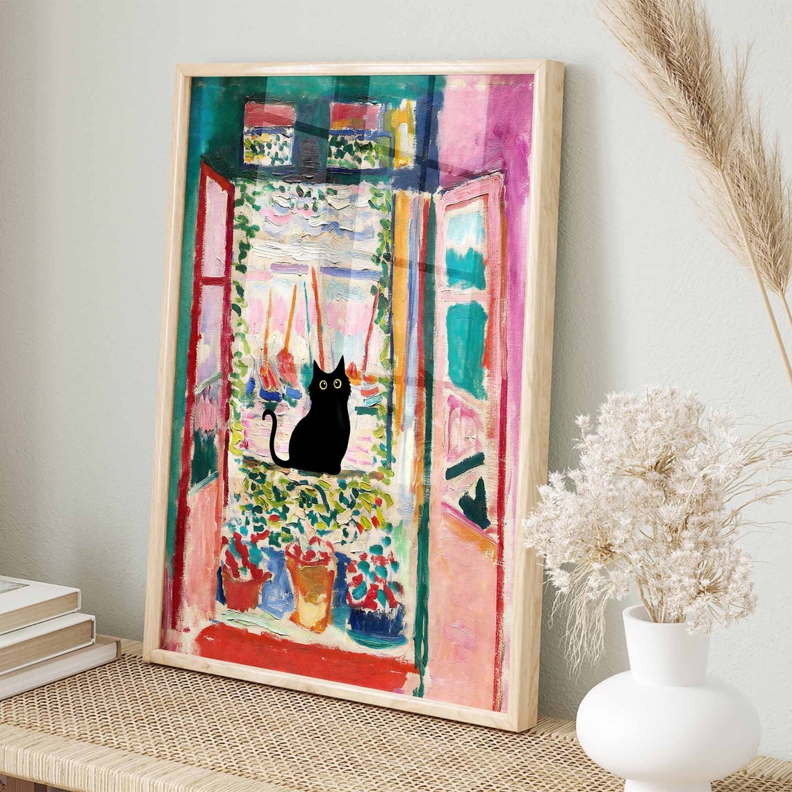 Black Cat in Matisse Style Open Window With Flowers Art Poster - Image 2