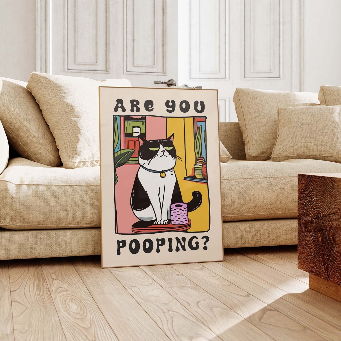Are You Pooping Tuxedo Cat With Toilet Paper Retro Bathroom Poster - Image 2