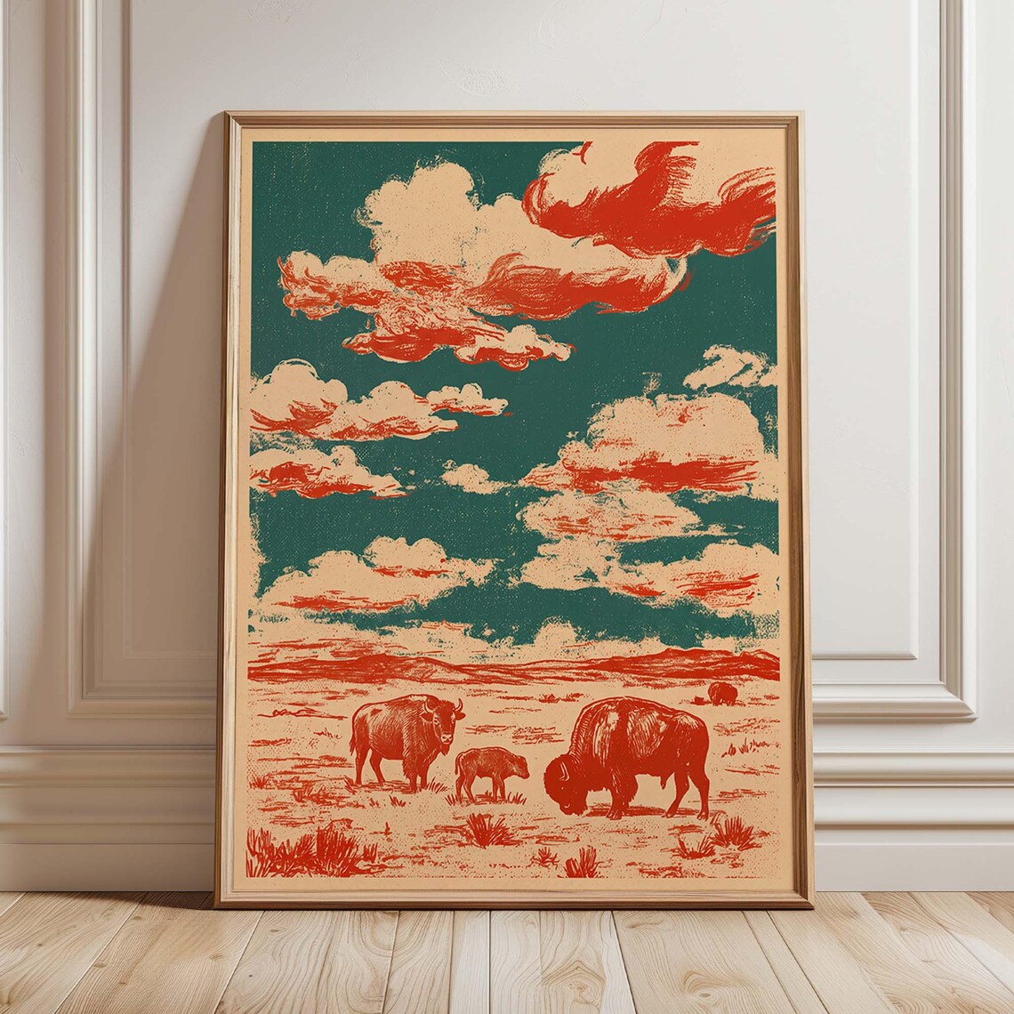 Vintage Bison Poster, Retro Western Desert Landscape