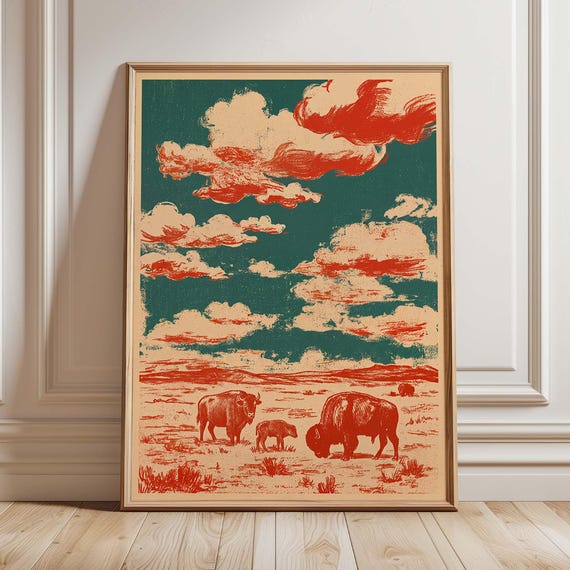 Vintage Bison Poster, Retro Western Desert Landscape
