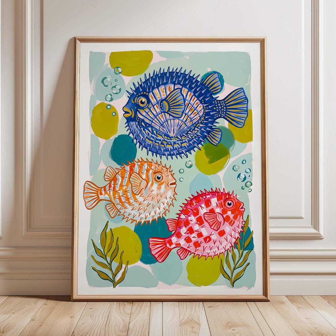 Colorful Puffer Fish, Whimsical Coastal Bathroom Art