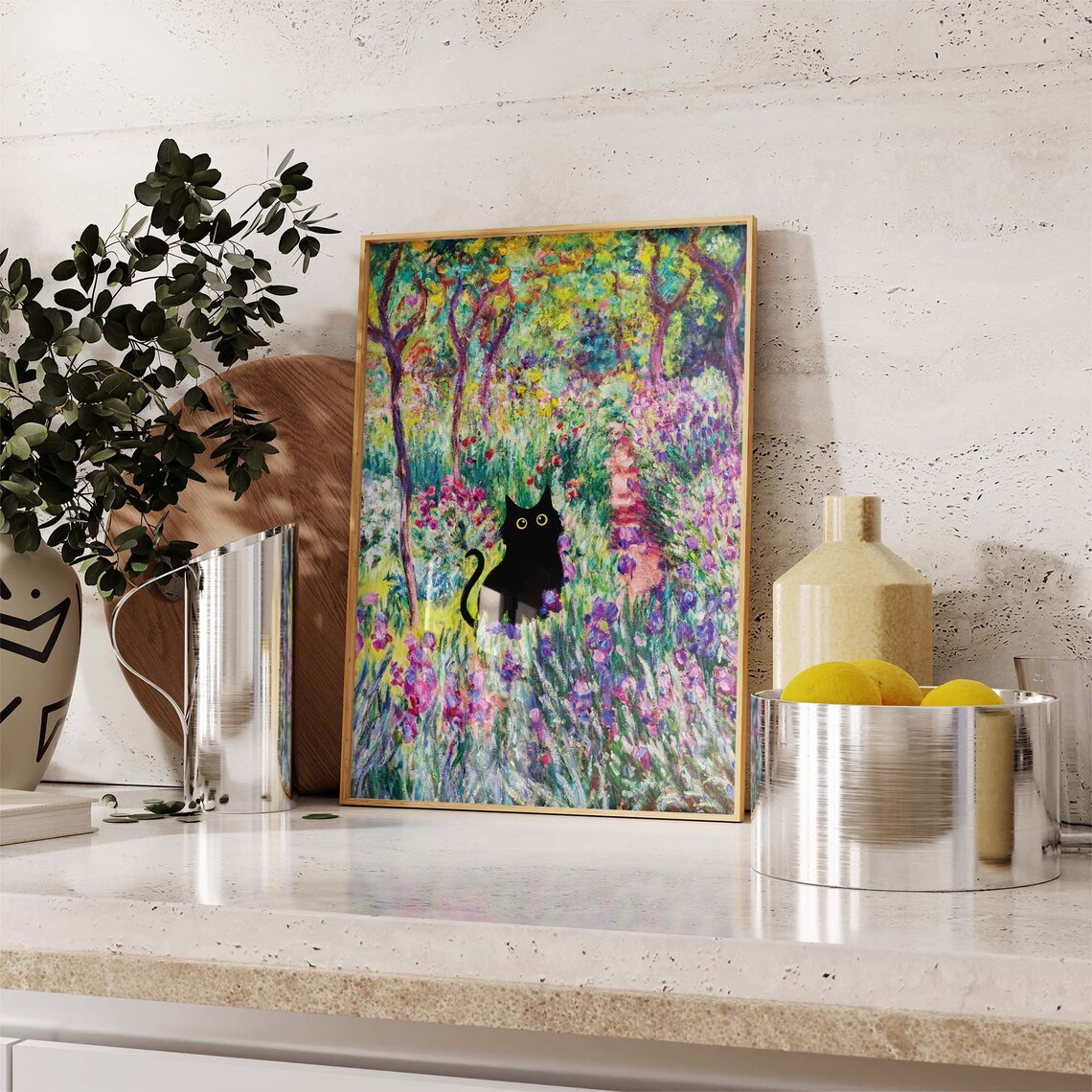 Black Cat In Monet Inspired Iris Garden Purple Bloom Field Art Poster - Image 3