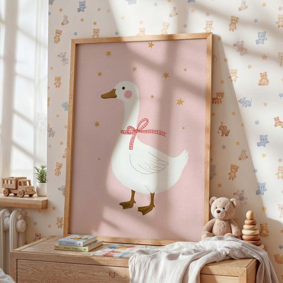 Whimsical Goose Nursery Art Print Pink Baby Girl Farm Animal Poster
