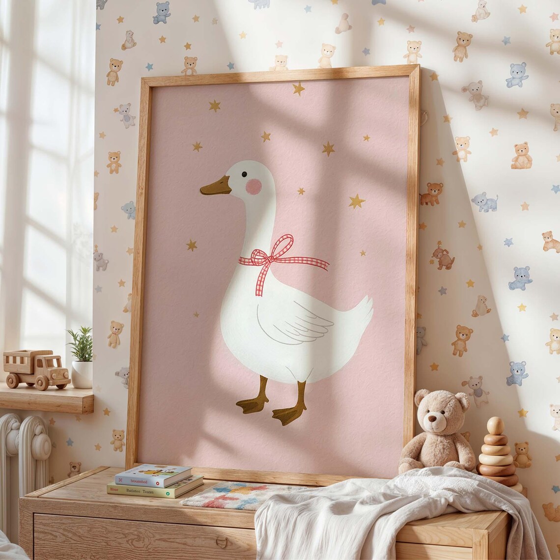 Pink Goose Nursery Whimsical Baby Girl Farm Animal Art Print