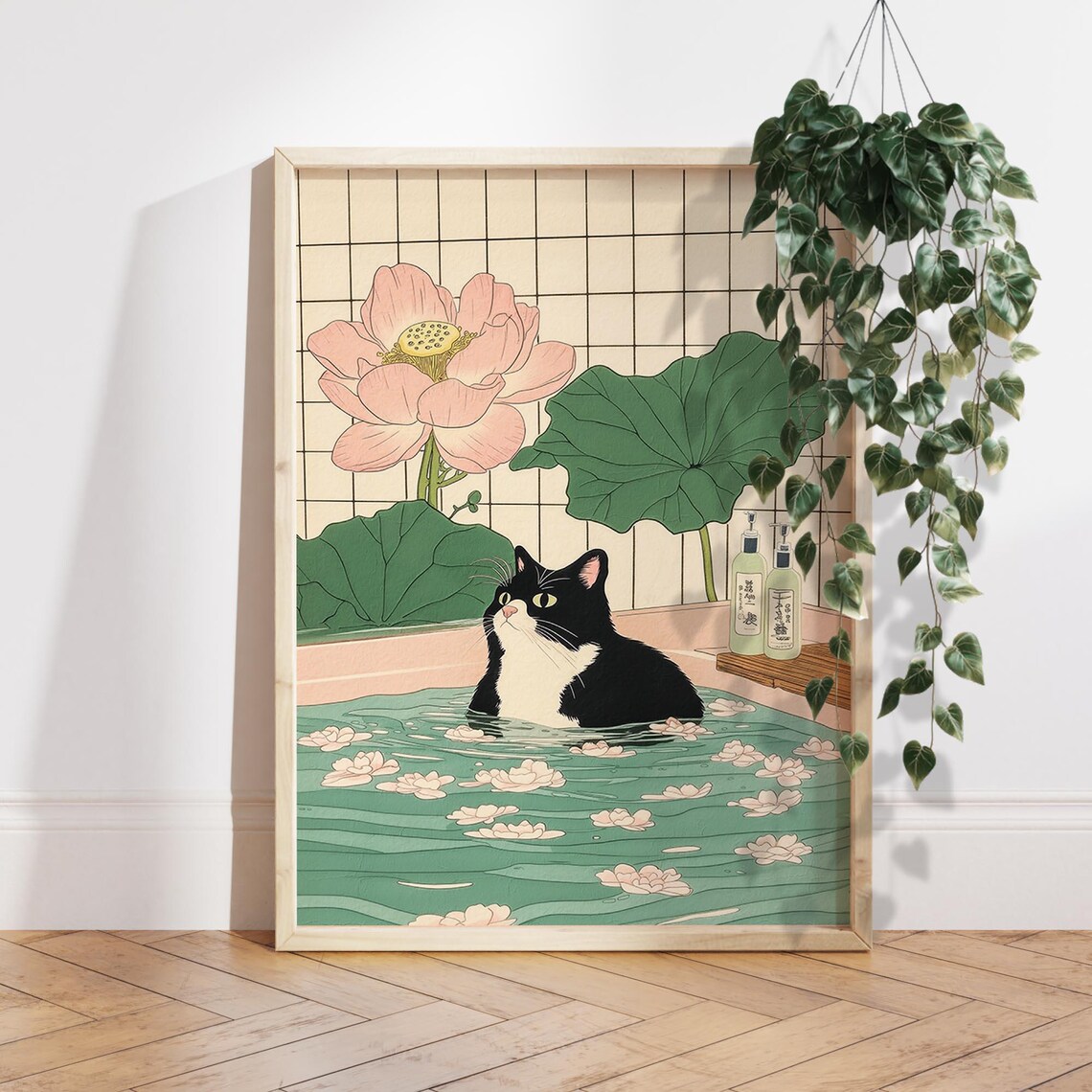 Tuxedo Cat in Bathtub, Japanese Bathroom Decor