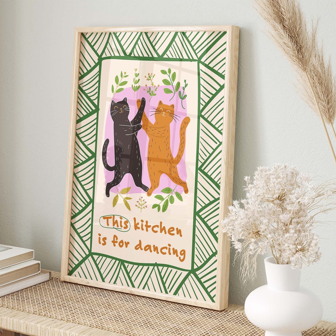This Kitchen Is For Dancing Black And Orange Cats Hand Drawn Poster - Image 3