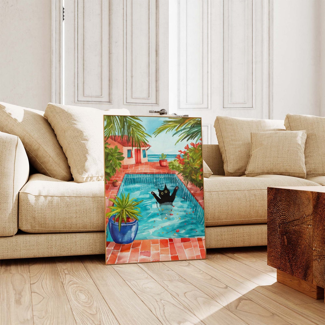 Black Cat Splashing in a Tropical Villa Swimming Pool Poster - Image 3