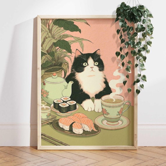 Tuxedo Cat with Sushi and Tea Japanese Ukiyo-e Style Art Poster
