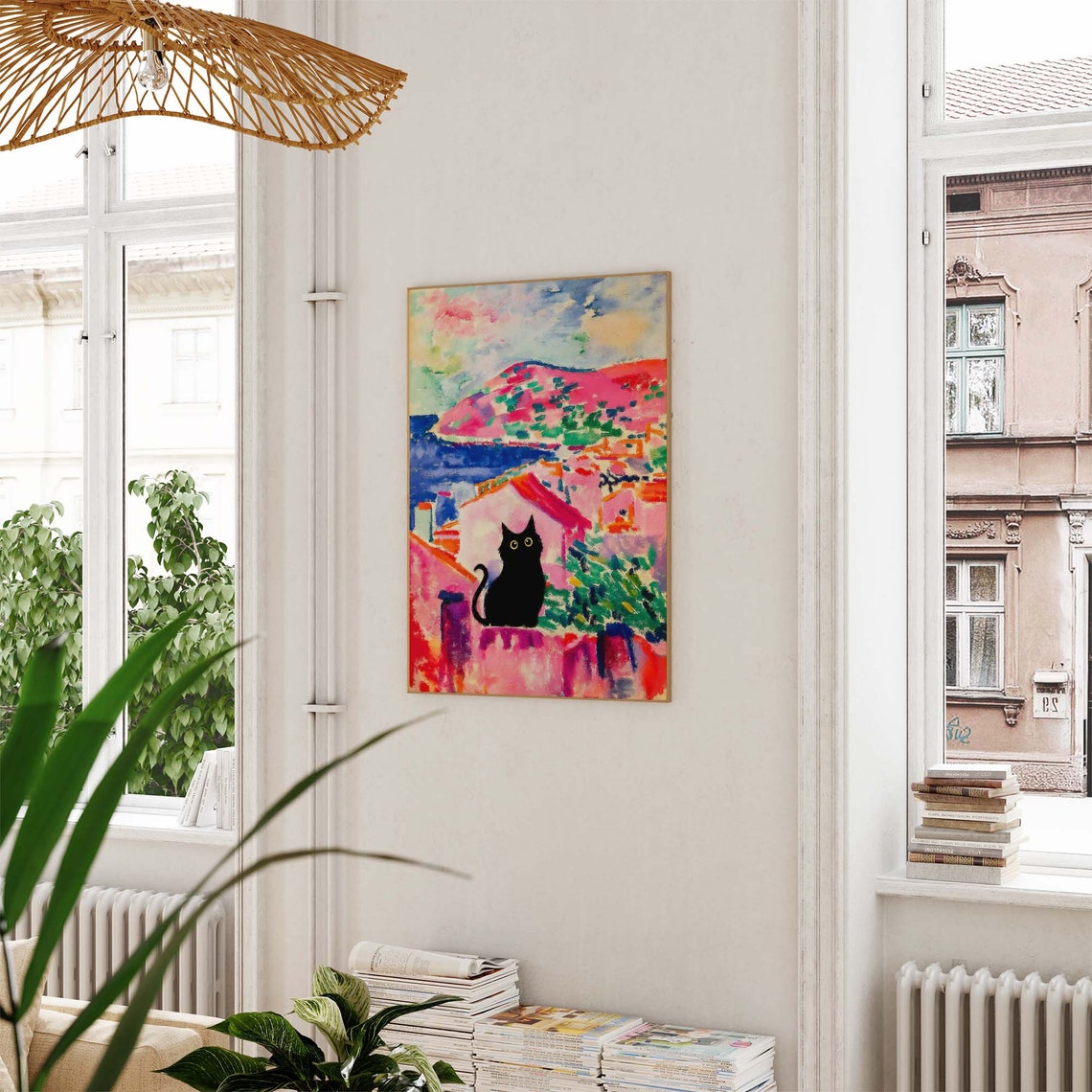 Black Cat Overlooking Matisse Style Coastal Village Art Poster - Image 2