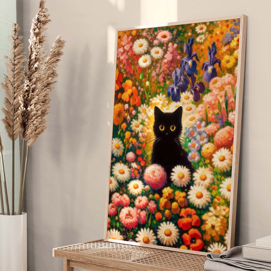Black Cat Resting in Impressionist Flower Garden Meadow Poster - Image 3