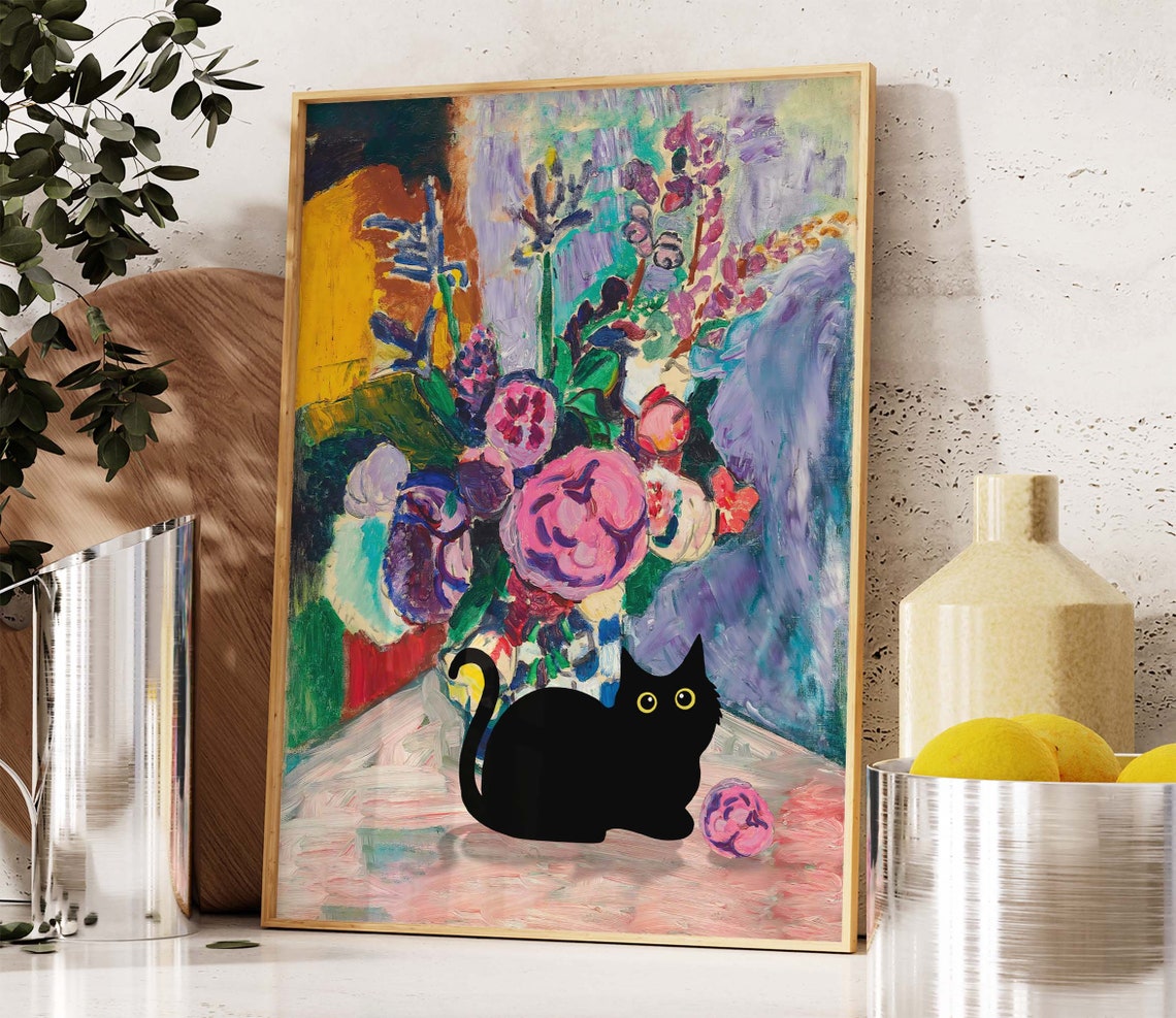 Black Cat With A Flower Bouquet In Matisse Style Color Poster