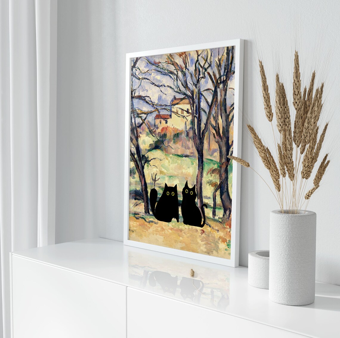 Two Black Cats Among Trees Cezanne Inspired Landscape With Houses Poster - Image 2