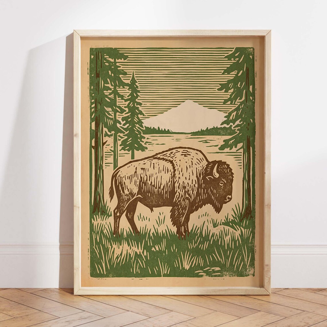 Bison Linocut Print, Vintage Rustic Lodge Decor