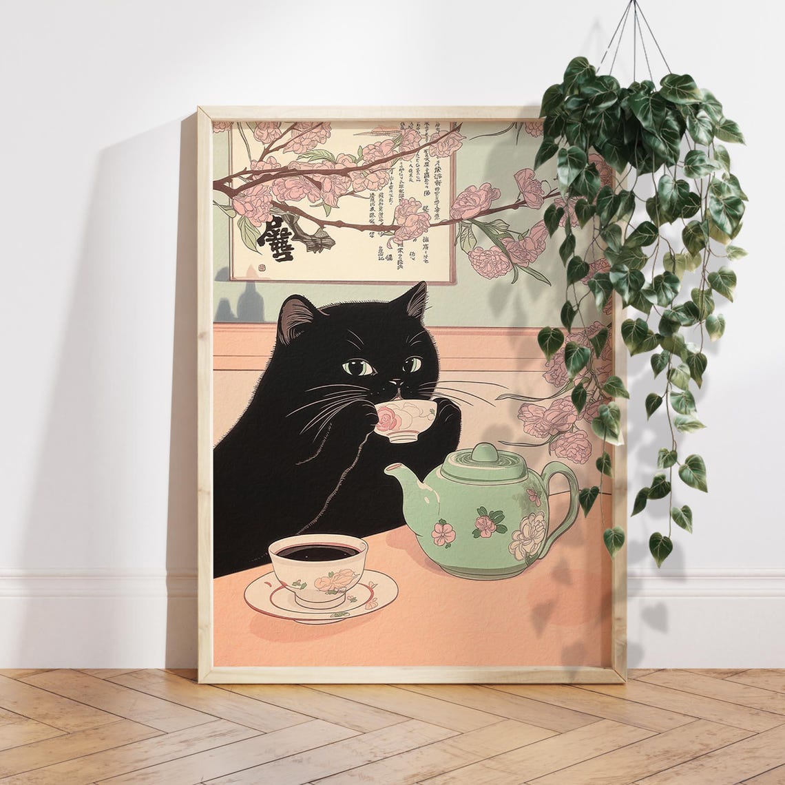 Black Cat Drinking Tea Japan Art Print