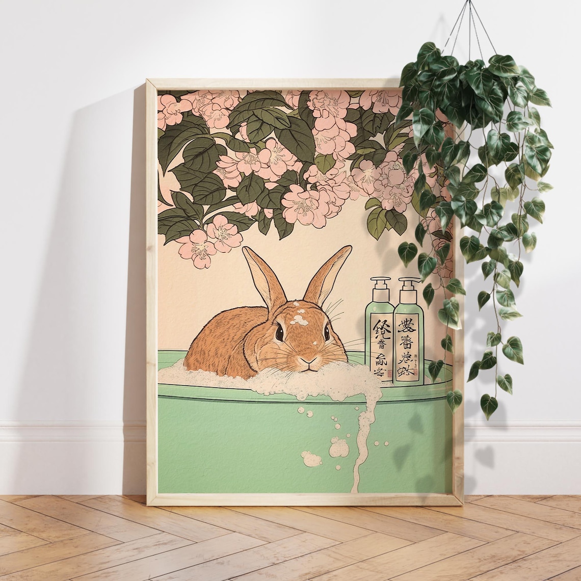 Bunny in Bathtub Japanese Bathroom Decor Art Print