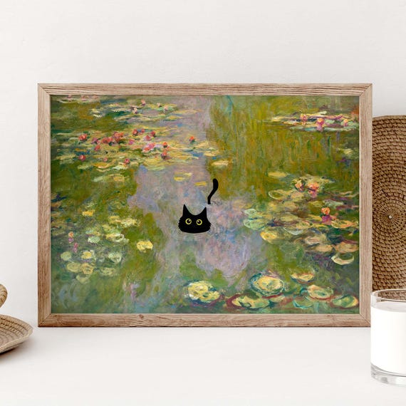 Black Cat In Monet Water Lilies, Impressionist Pond
