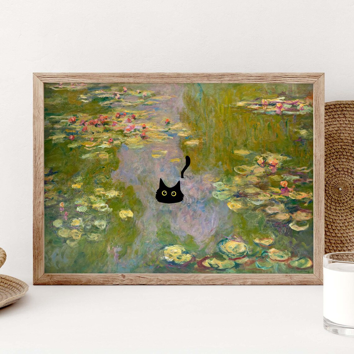 Black Cat In Monet Water Lilies, Impressionist Pond
