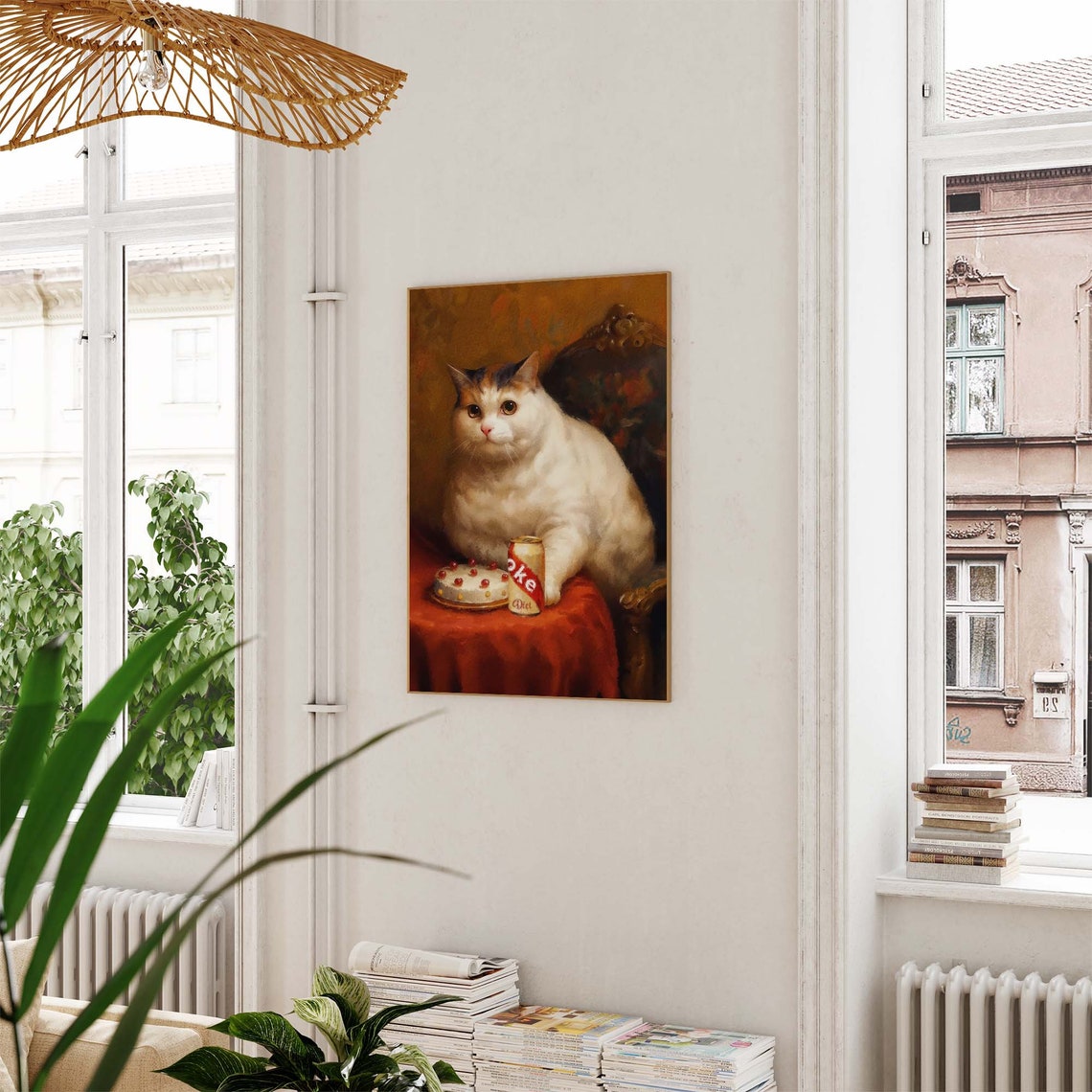 Chubby White Cat With Birthday Cake And Diet Cola Can Art Poster - Image 2