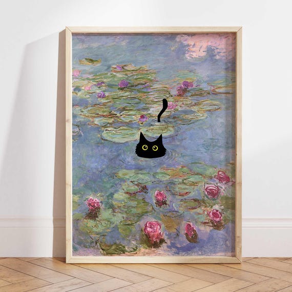 Monet Waterlily Cat Poster Art Print