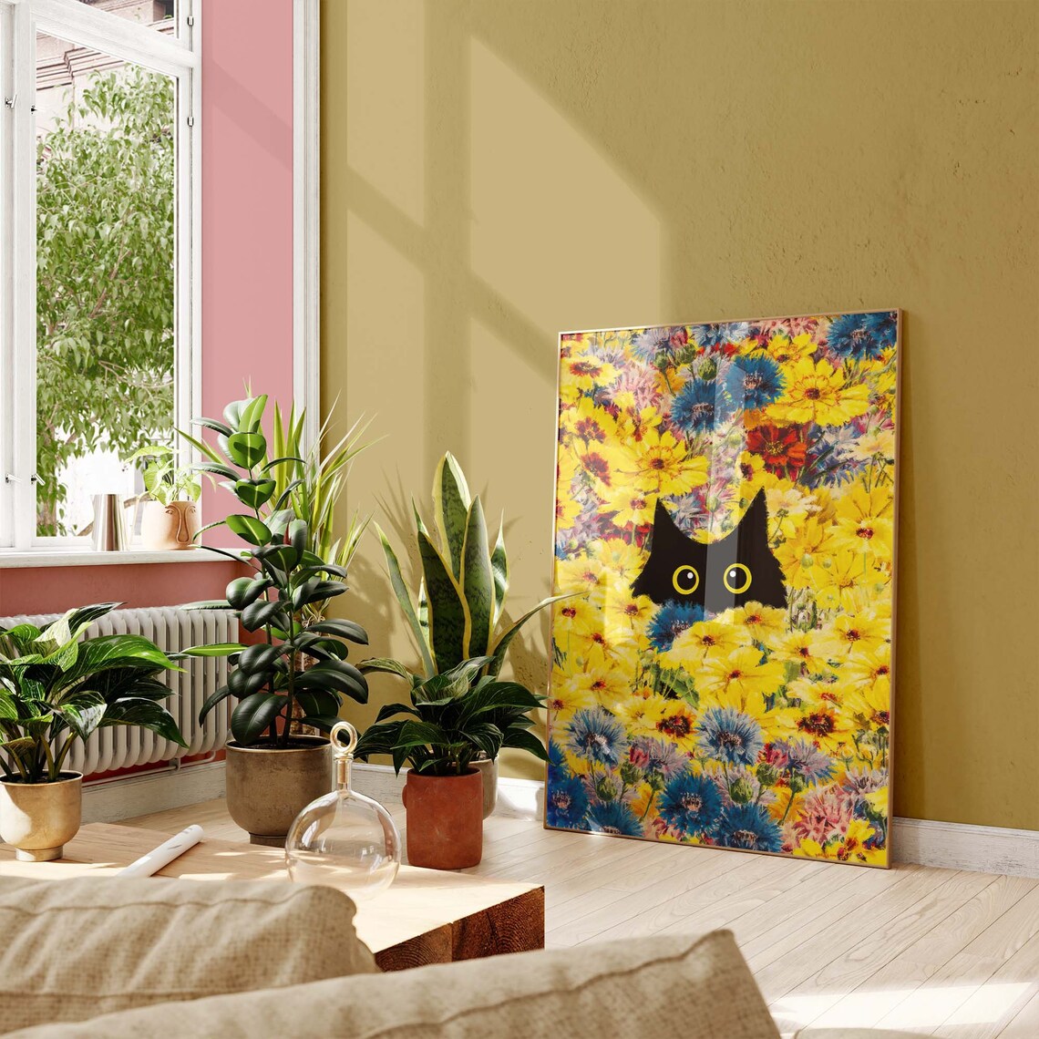 Black Cat Hiding Among Yellow And Blue Wildflowers Botanical Art Poster - Image 3
