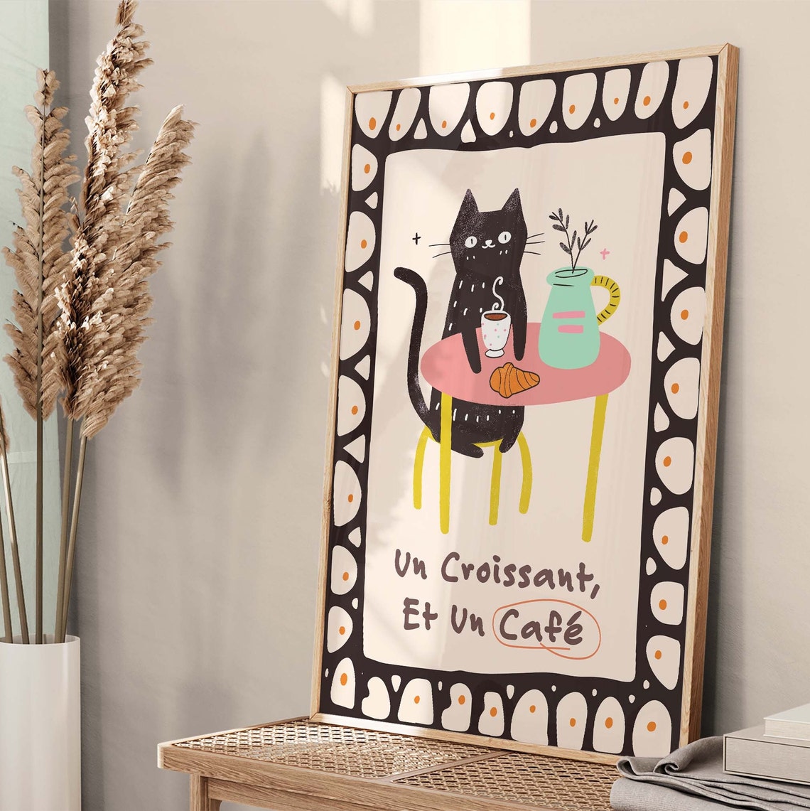 Un Croissant Et Un Cafe Black Cat At French Cafe Table Cute Poster - Image 2