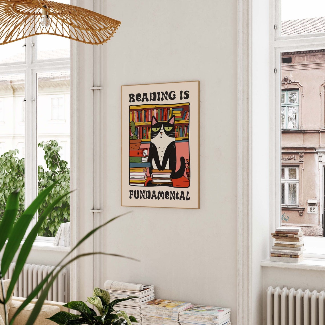 Reading Is Fundamental Retro Cartoon Cat Library Book Poster - Image 4