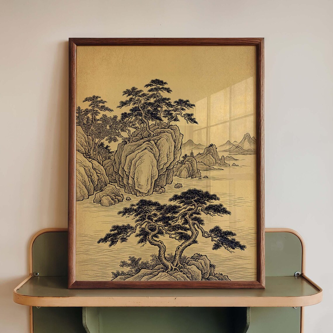 Vintage Japanese Pine Tree Landscape, Sepia Ink